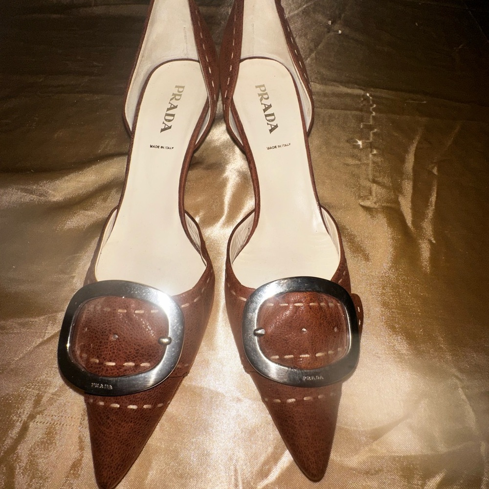 New Prada Brown Leather d'Orsay Heels with Buckle